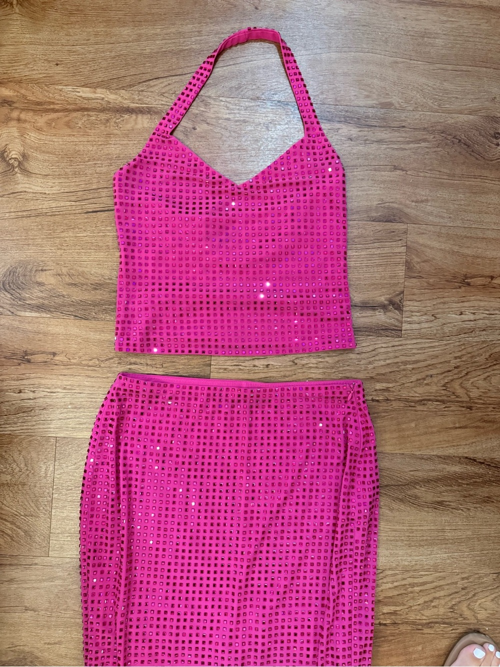 White Fox Pink Sequin Halter Crop Top and Skirt Set